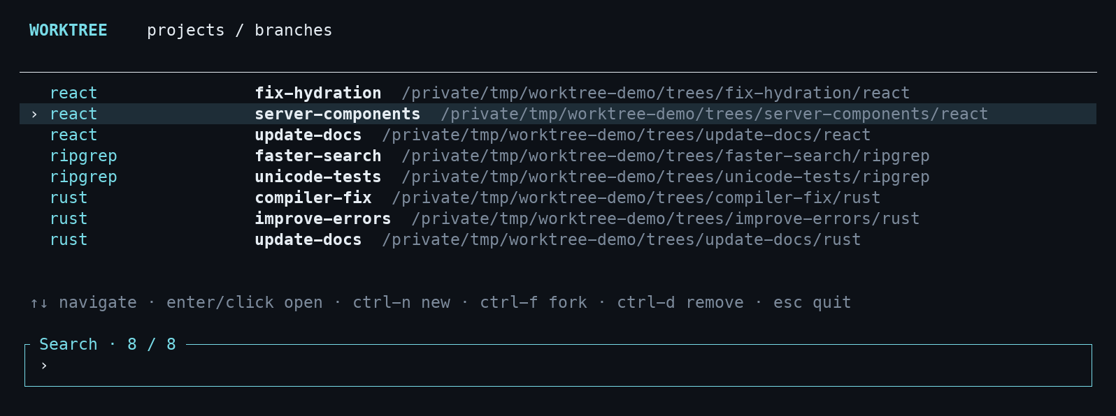 The real worktree terminal picker: search across demo repositories, select a branch with the arrow keys, then press Enter to open it.